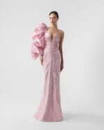 Imposing Sleeve, Plunging V  Blossom Pink Evening Gown