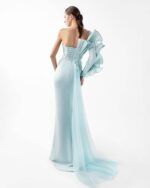 Ethereal Mint Metallic One-Shoulder, Embellished Evening Dress - Image 2
