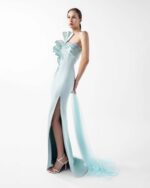 Ethereal Mint Metallic One-Shoulder, Embellished Evening Dress - Image 4