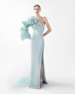 Ethereal Mint Metallic One-Shoulder, Embellished Evening Dress