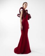 Sculptural Ribbed Lamé Organza  Burgundy Mermaid Dress - Image 3
