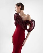 Sculptural Ribbed Lamé Organza  Burgundy Mermaid Dress - Image 4