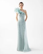 Floating Petal One-Shoulder Laced Mint Gown