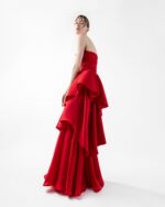 Striking Red Organza Strapless Gown with Cascading Tiered Skirt - Image 3