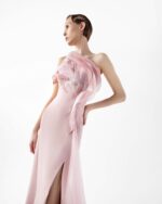 Rosé Sculpted Gown with Cascading Organza and Beaded Bloom - Image 5