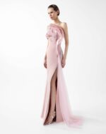 Rosé Sculpted Gown with Cascading Organza and Beaded Bloom - Image 4