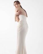 Cream Corset Crepe Gown With Ribbed Vein Beading - Image 4