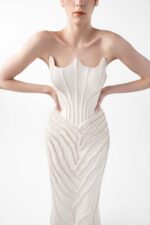 Cream Corset Crepe Gown With Ribbed Vein Beading - Image 5