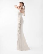 Cream Corset Crepe Gown With Ribbed Vein Beading - Image 3