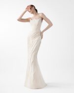 Cream Corset Crepe Gown With Ribbed Vein Beading
