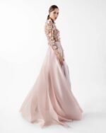 Ethereal Pink Floral Illusion Gown with Fluid Envelope Skirt - Image 4