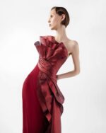 Exquisite Sculptural Burgundy Gown With Layered Lamé Organza Bodice - Image 4