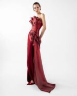 Exquisite Sculptural Burgundy Gown With Layered Lamé Organza Bodice - Image 2