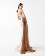 Strapless Nude Crepe Gown with Angular Bronze metallic Folds and Tulle Cascade - Image 2