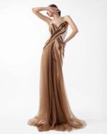 Strapless Nude Crepe Gown with Angular Bronze metallic Folds and Tulle Cascade - Image 3