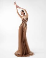Strapless Nude Crepe Gown with Angular Bronze metallic Folds and Tulle Cascade - Image 4