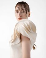 Cream Crepe Gown with Architectural Sleeves and Sculpted Lines - Image 3