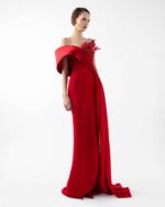 Crimson Gown with Sculpted Organza Off-Shoulder and Beaded Flame Bloom - Image 3