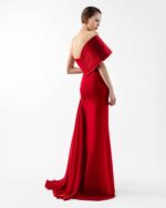 Crimson Gown with Sculpted Organza Off-Shoulder and Beaded Flame Bloom - Image 2