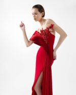 Crimson Gown with Sculpted Organza Off-Shoulder and Beaded Flame Bloom - Image 4