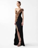 Midnight Noir Gown with Sculptural Bronze Twist and Side Slit - Image 3