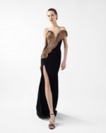 Midnight Noir Gown with Sculptural Bronze Twist and Side Slit