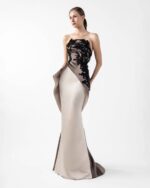 Dual-Tone Cream and Anthracite Gown with Dimensional Embroidery Overlay - Image 3