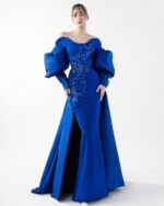 Royal Blue Off-Shoulder Gown with Voluminous Sleeves and Textured Embroidery