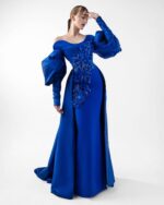 Royal Blue Off-Shoulder Gown with Voluminous Sleeves and Textured Embroidery - Image 3