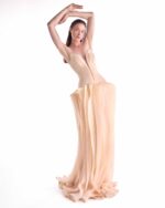 Sculptural Angled Deep-V Gown with Floating Organza Waves - Image 3