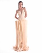 Sculptural Angled Deep-V Gown with Floating Organza Waves