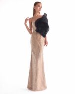 Sunburst Embellished Golden Gown, Oversized Black Bloom Detail - Image 3