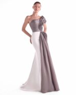 One-Shoulder Mixed Media Gown in Off-White and Anthracite - Image 3