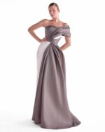 One-Shoulder Mixed Media Gown in Off-White and Anthracite