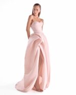 Draped Bodice Salmon Pink Fluid Organza Gown - Image 4