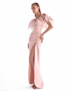 Sultry Salmon Pink Embellished Gown with Gathered Slit Skirt - Image 3
