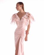 Sultry Salmon Pink Embellished Gown with Gathered Slit Skirt - Image 4