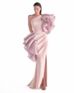 Salmon Pink Crepe Gown with Sculptural Organza Flourishes - Image 3