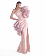 Salmon Pink Crepe Gown with Sculptural Organza Flourishes