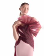 Fluid Crimson Flow on a Pink Crepe Evening Gown - Image 4
