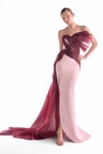 Fluid Crimson Flow on a Pink Crepe Evening Gown