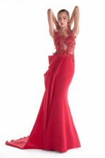 Crimson Corded Reverie, Embroidered Illusion Bodice Mermaid Gown