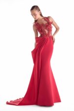 Crimson Corded Reverie, Embroidered Illusion Bodice Mermaid Gown - Image 4