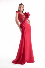 Deep Plunging Lustrous Red Gown - Image 3