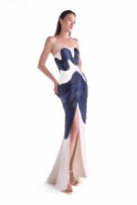 Ocean Etched Off-White Dress, with Royal Blue Fluid Organza Sculpture - Image 4