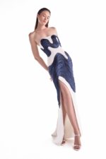 Ocean Etched Off-White Dress, with Royal Blue Fluid Organza Sculpture - Image 3