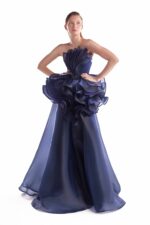 Midnight Bloom, Sculptural Purple and Navy Fluid Organza Gown