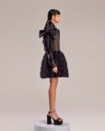 Black Sheer Organza Feathered Skirt Dress - Image 2