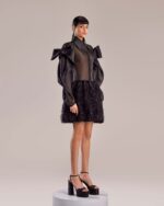 Black Sheer Organza Feathered Skirt Dress - Image 4