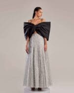 Elegant Silver Feathered Dress with Black Bow - Image 4
